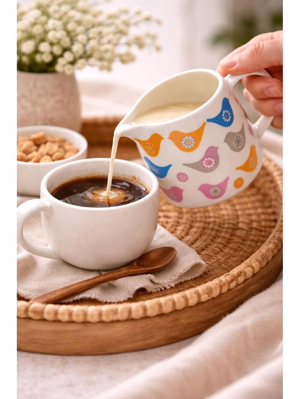 ECP Design Love Birds Small Jug, Ceramic Creamer, Bird Pattern